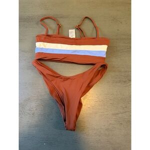 l*space Rust Red Bandeau Bikini with White and Light Blue Stripes